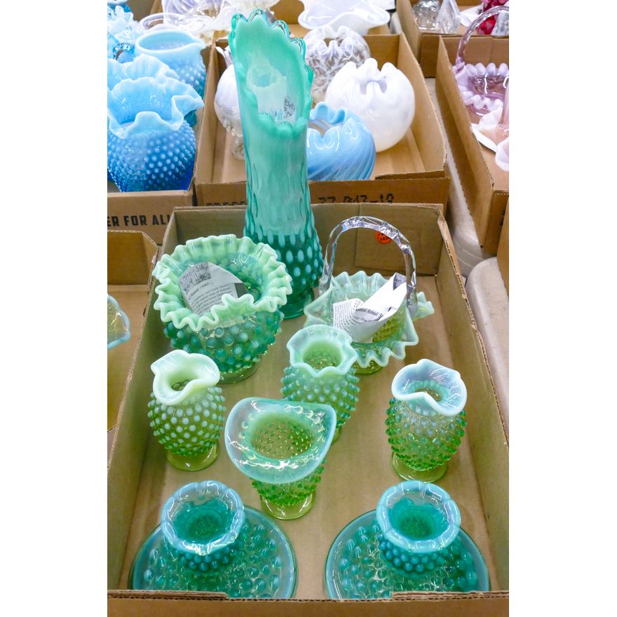 Box 8pc Fenton Green Hobnail Glass
