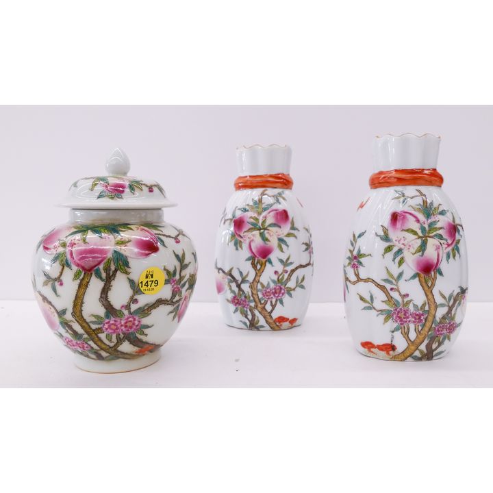 3pc Chinese Porcelain Peach Jar & Vases- tallest 7''