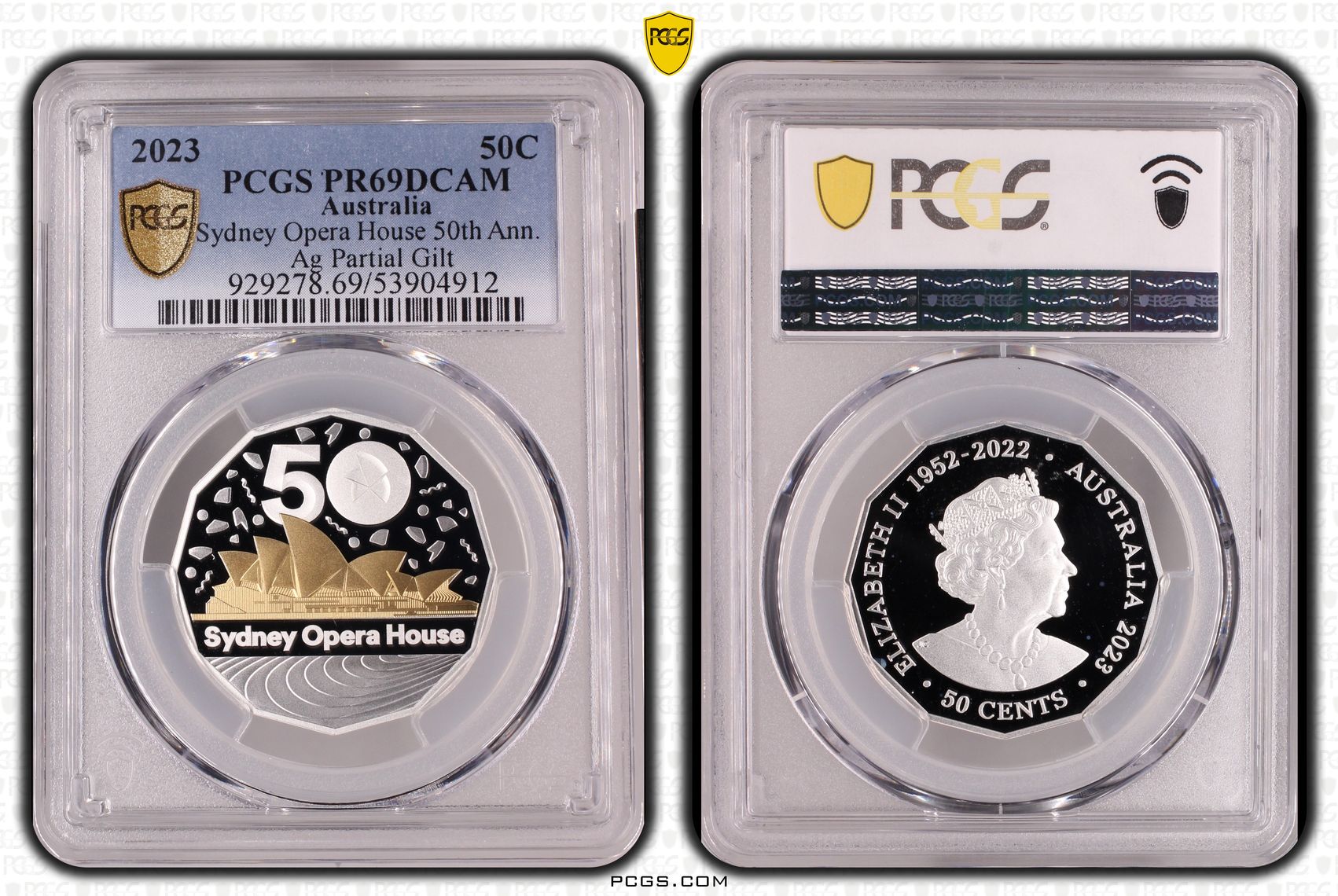 Elizabeth II, Sydney Opera House 50th Ann. Silver Partial Gilt, Fifty Cent, 2023, PCGS PR69DCAM