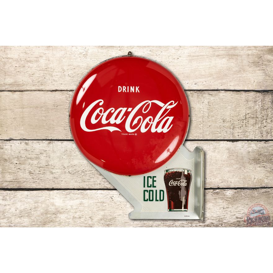 Drink Coca Cola Ice Cold & Glass 3 Piece Tin Flange Button Sign