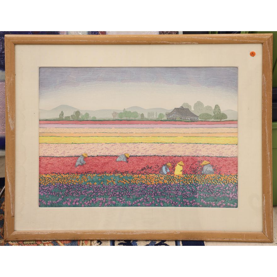 Arlene Mickelson (WA) ''Tulip Pickers'' Woodblock Print Framed