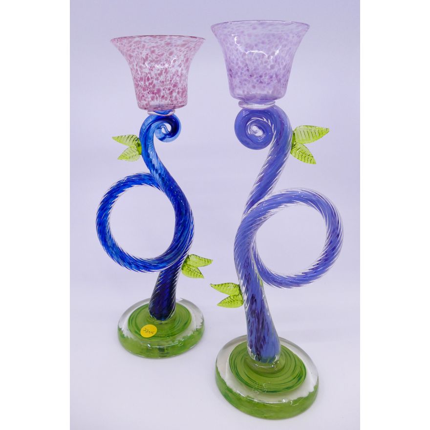 Pair Beth Fishman Studio Glass Candlesticks- 13.5''