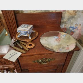 Antique fingernail tools, vanity mirror and Capodimonte trinket box