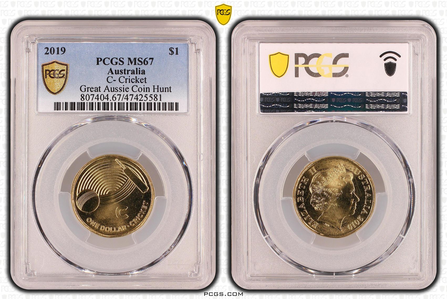 C- Cricket Great Aussie Coin Hunt, One Dollar, 2019 POP Report 11/1, PCGS MS 67