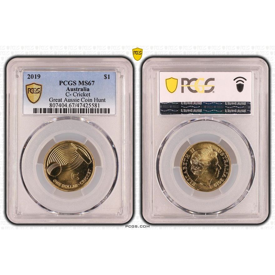 C- Cricket Great Aussie Coin Hunt, One Dollar, 2019 POP Report 11/1, PCGS MS 67