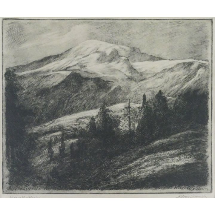 Alfred Schroff ''Nisqually Glacier'' (Mt. Rainier) Etching