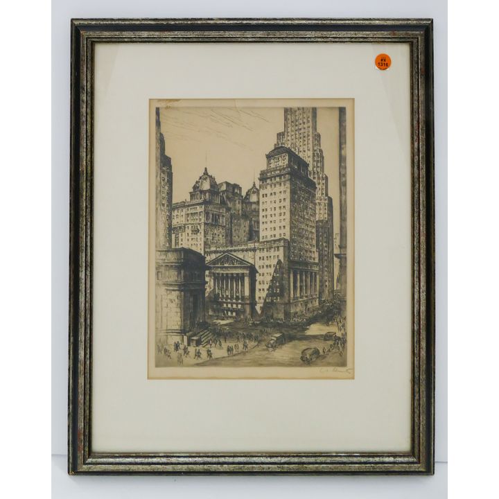 Anton Schutz 'New York Stock Exchange' Etching, 1925. Framed- 21x17''- large tear at upper edge