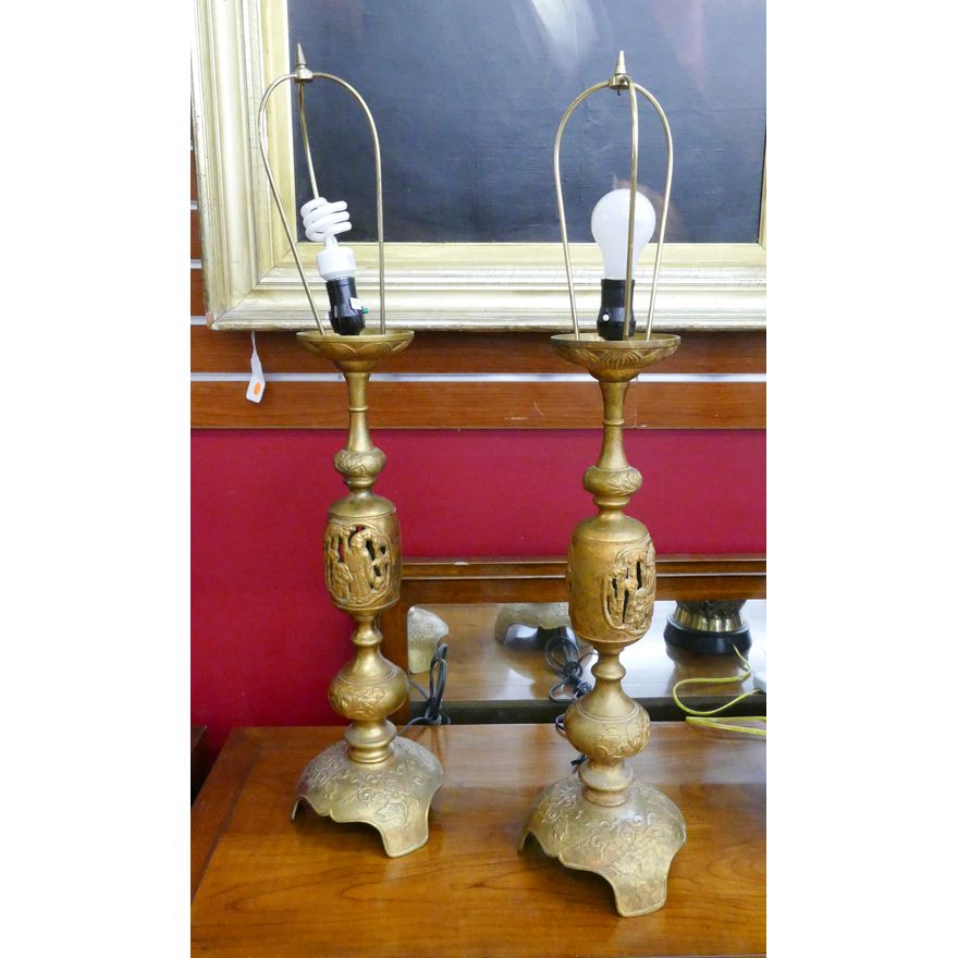 Pair Japanese Gilt Metal Table Lamps- 33''