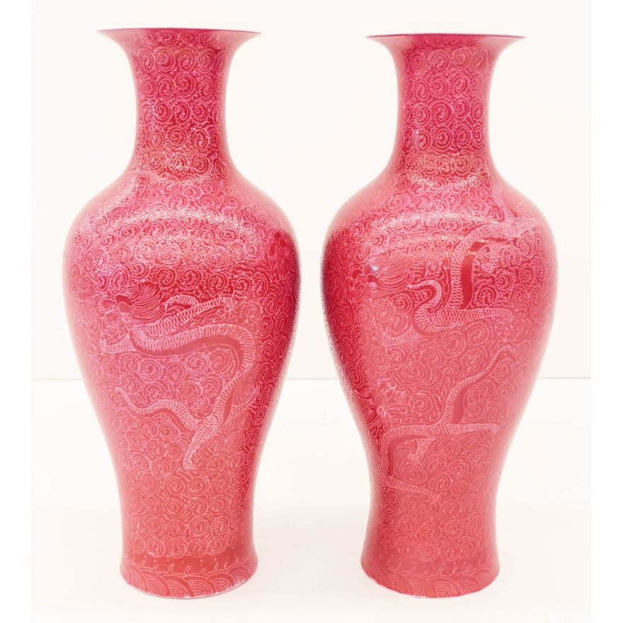 Pair Chinese Republic Ruby Ground Dragon Vases