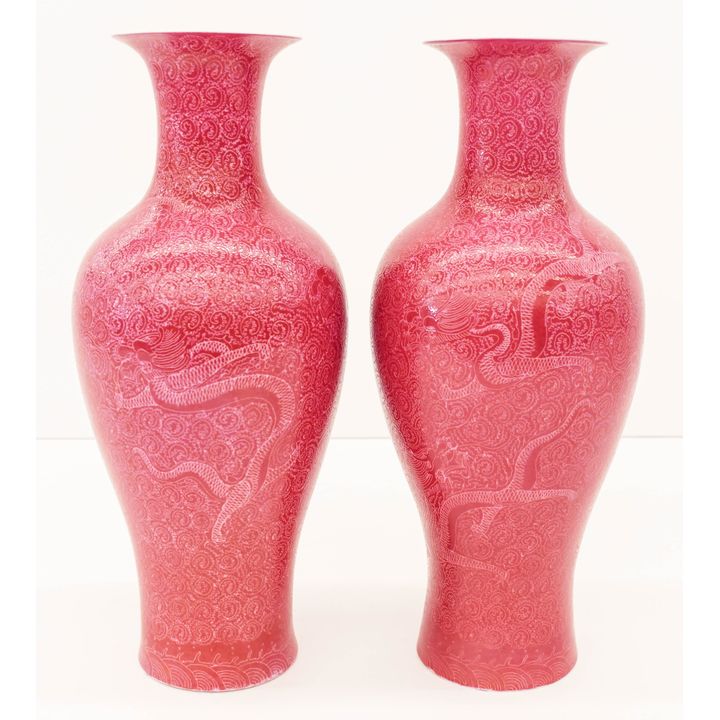 Pair Chinese Republic Ruby Ground Dragon Vases