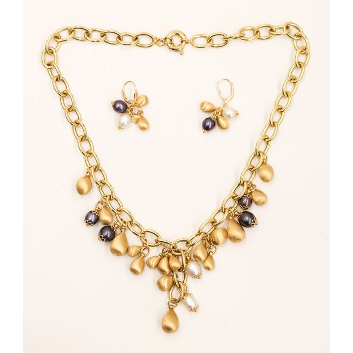 Italian 18k Pearl and Satin Drop Necklace Earring