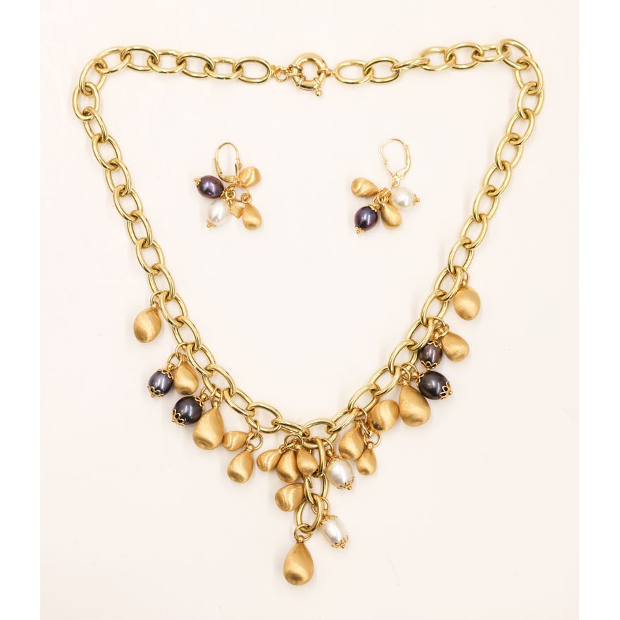 Italian 18k Pearl and Satin Drop Necklace Earring