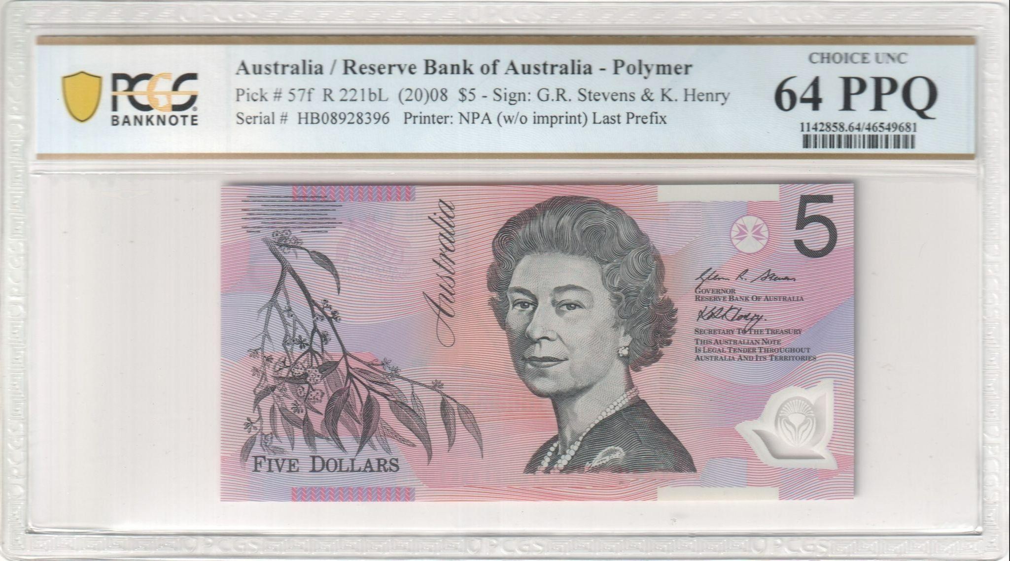 142 · RBA, Polymer, NPA (w/o imprint), Sign: G.R. Stevens & K. Henry, Last Prefix, Five Dollar, 2008, PCGS - Choice UNC 64 PPQ