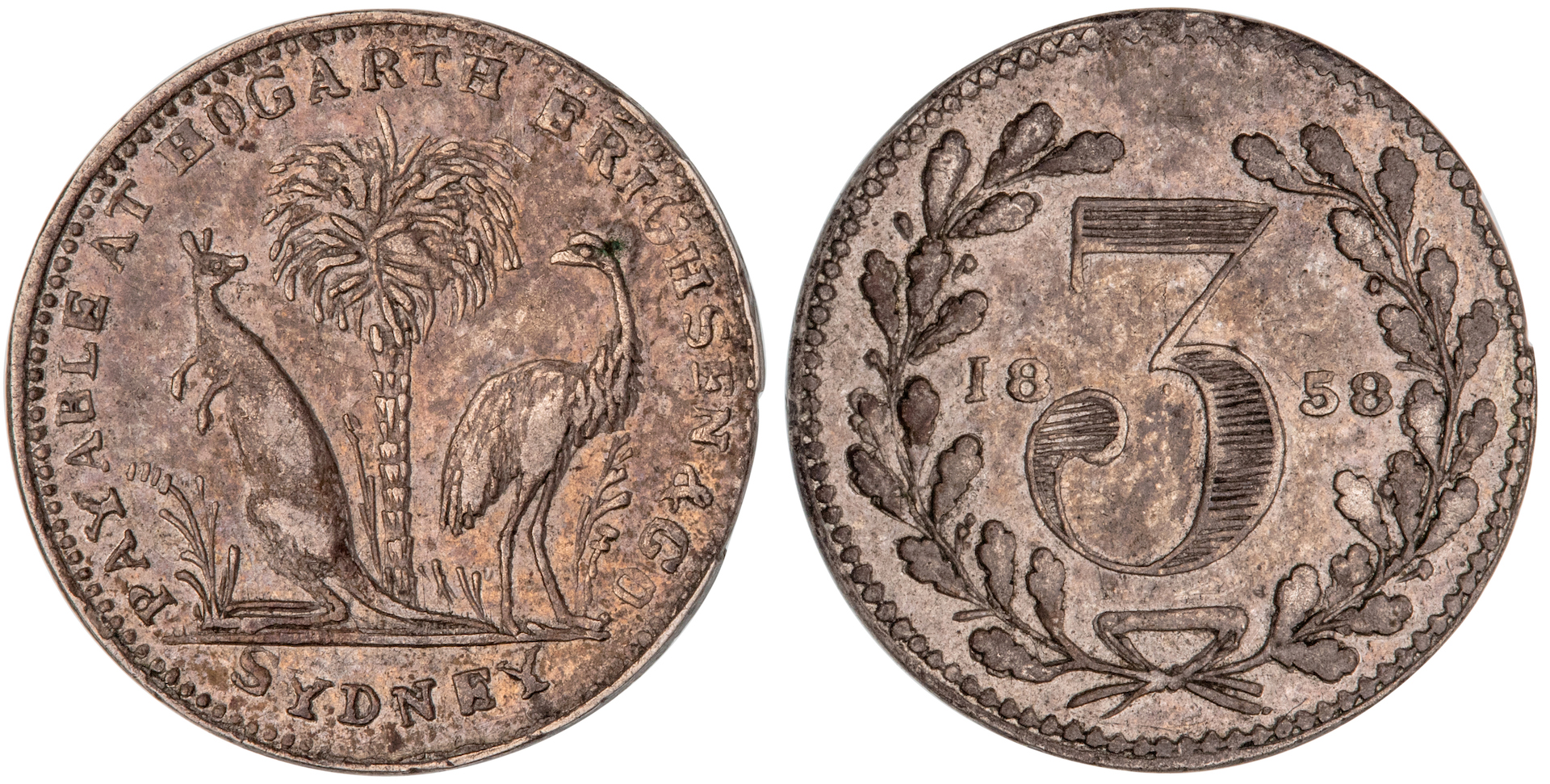 Sydney, New South Wales, Hogarth, Erichsen & Co., Threepence, 1858, gVF