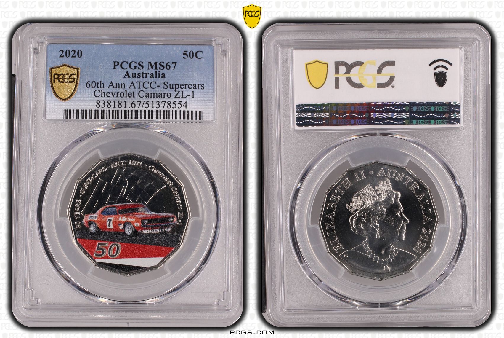 60th Ann ATCC- Supercars Chevy Camaro ZL-1 Colorized, Fifty Cent, 2020, PCGS MS67