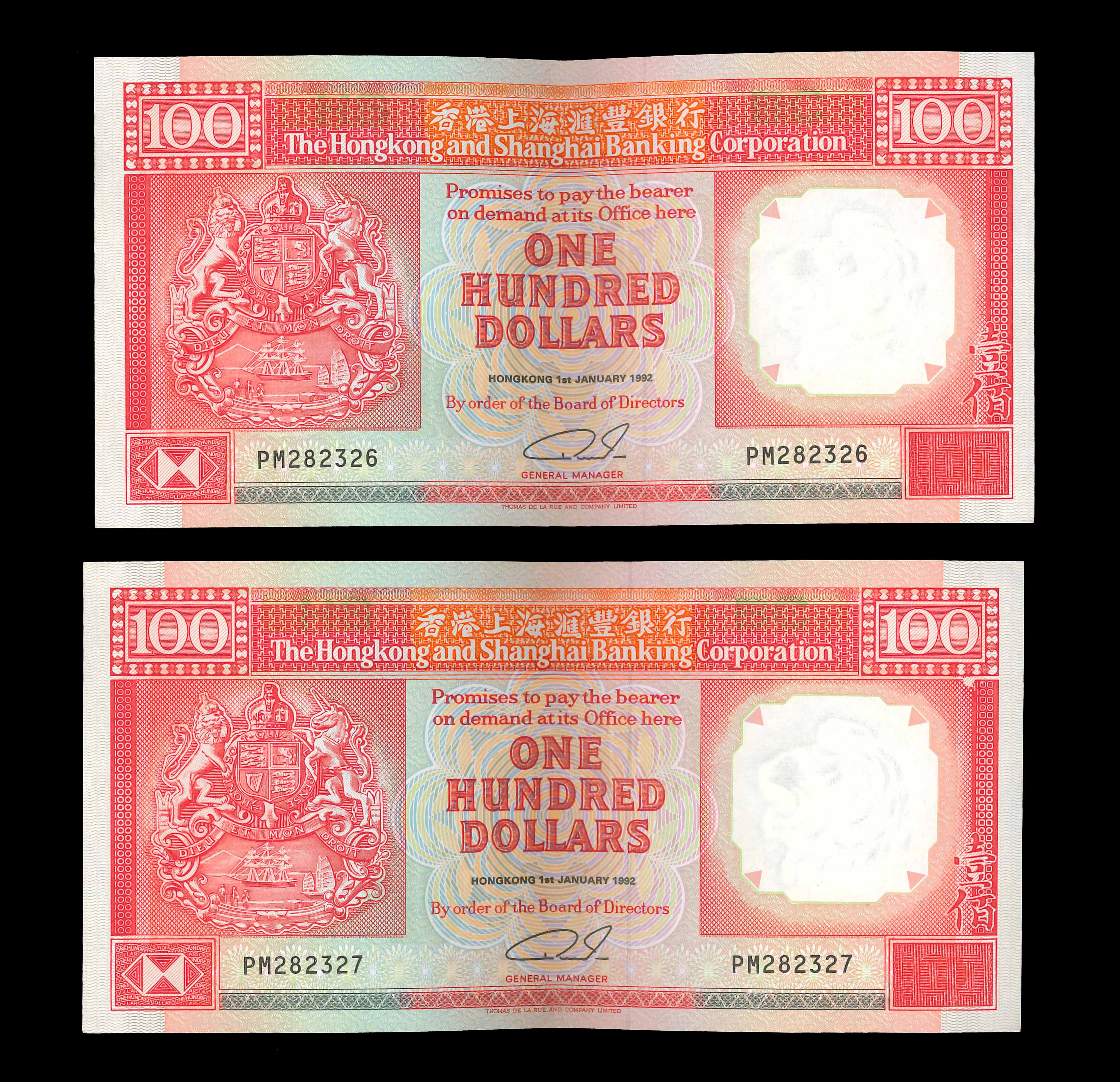 Hong Kong, HSBC, 1992, 100 Dollars, P-198d, S/N. PM 282326-327 