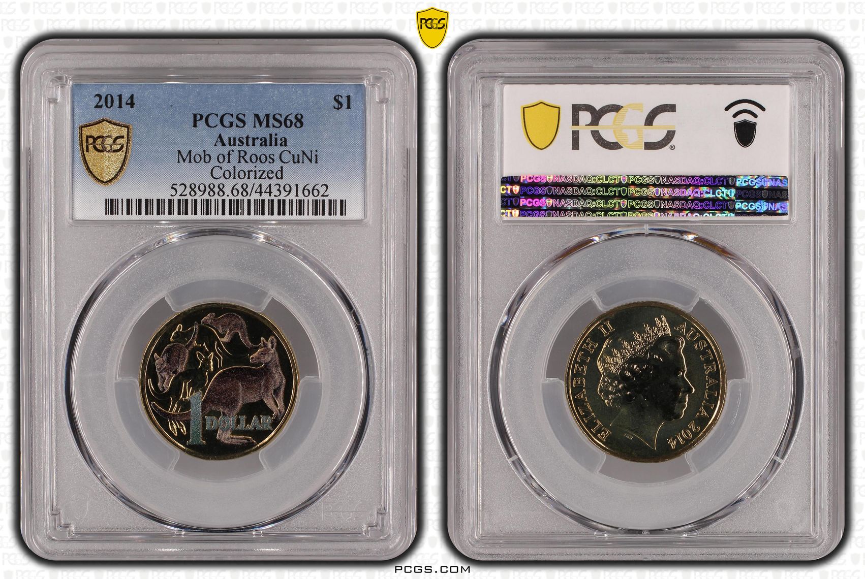 2014 Australia One Dollar, $1 Mob of Roos CuNi Colorized PCGS - MS68 -662