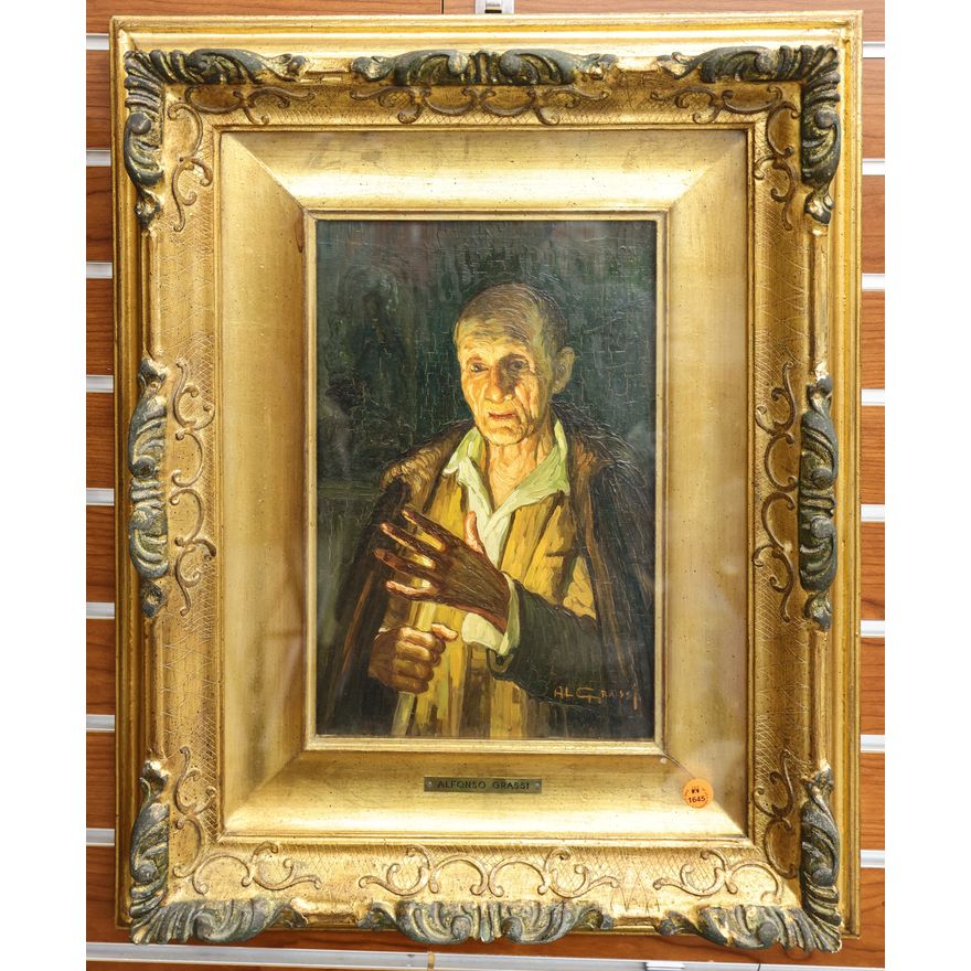 Alfonso Grassi (Italian) ''Man in Candlelight'' Oil Painting Gilt Framing