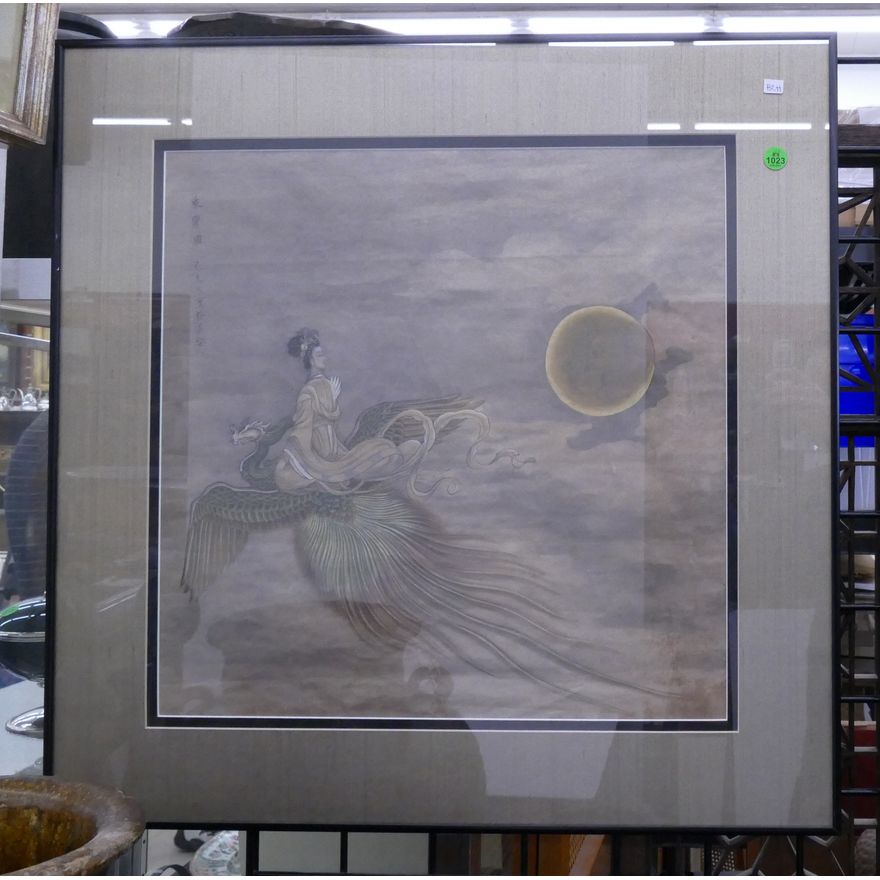 Chinese Guanyin Riding Phoenix Framed Watercolor- 26x26''