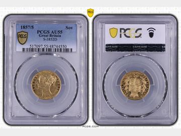 RARE 1857/5 VICTORIA SHIELD GOLD SOVEREIGN AU55