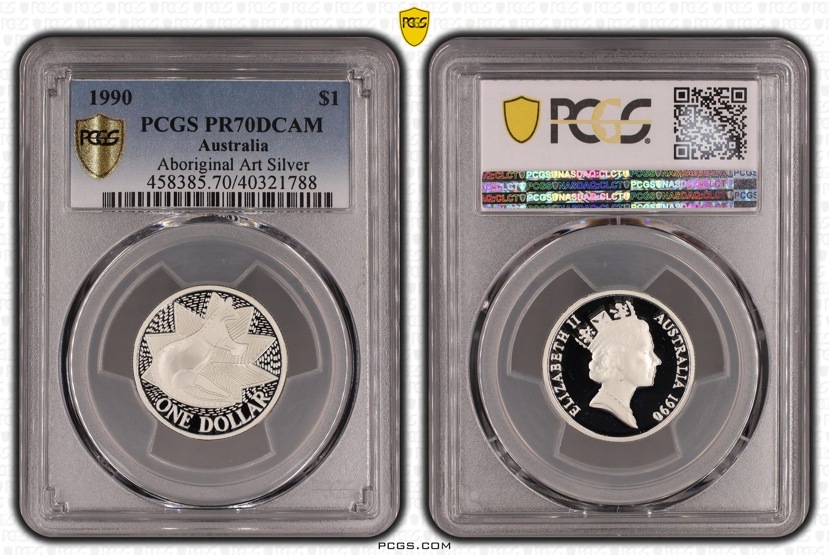 351 · 1990 Australia One Dollar, $1 Silver Aboriginal Art - Kangaroo PCGS - PR70DCAM POP 42/0 -788