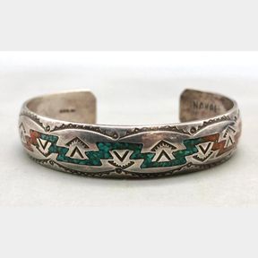 Vintage Turquoise And Coral Inlay Bracelet