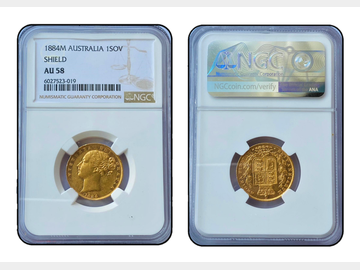 1884 VICTORIA YOUNG HEAD MELBOURNE MINT SHIELD GOLD SOVEREIGN NGC AU58