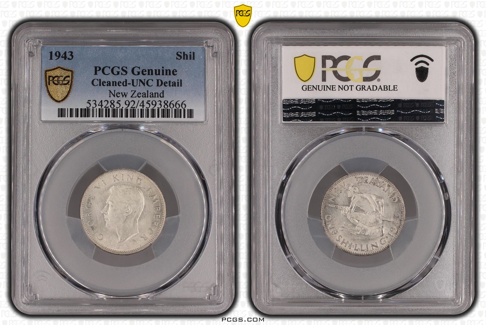 1943 New Zealand Shilling PCGS - Genuine - UNC Details (92 - Cleaned) -666