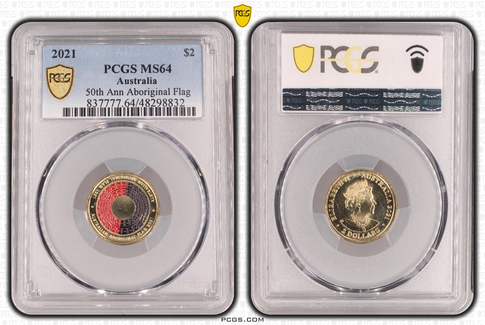 50th Ann Aboriginal Flag Colourised, Two Dollar, 2021, PCGS MS64