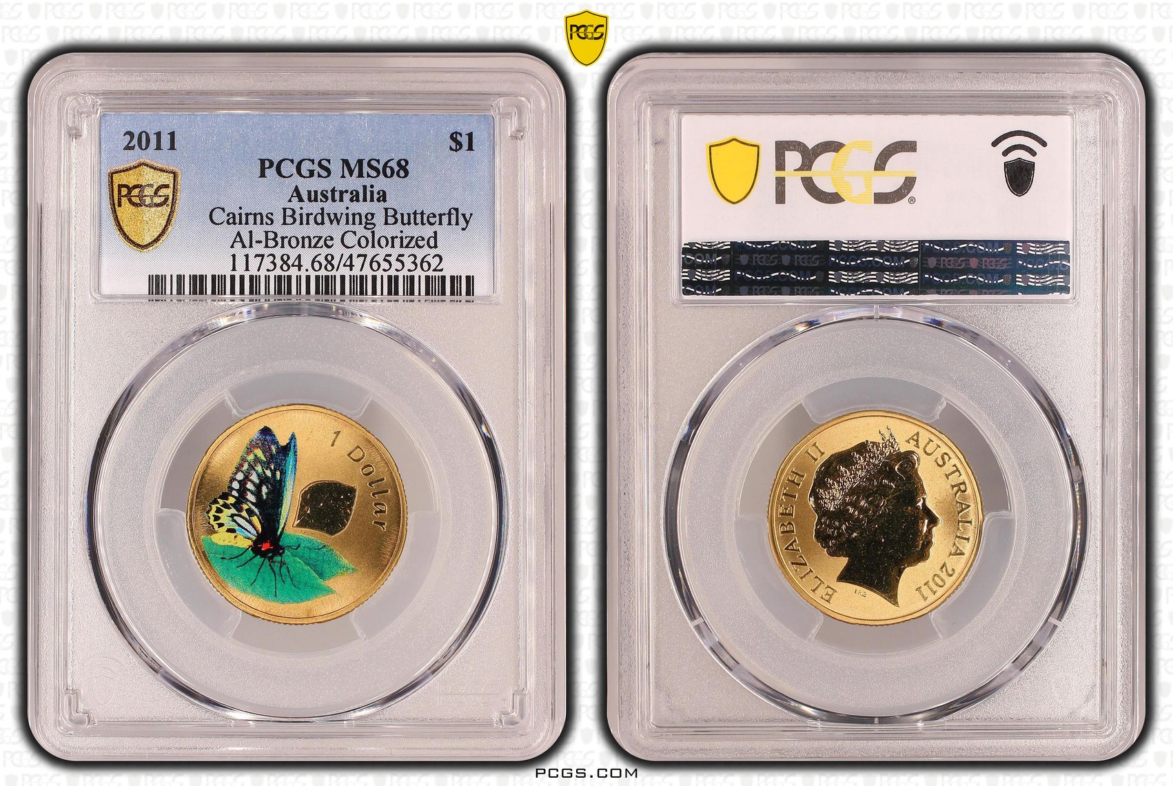 Cairns Birdwing Butterfly Al-Bronze Colorized, One Dollar, 2011 POP Report 9/0, PCGS MS 68