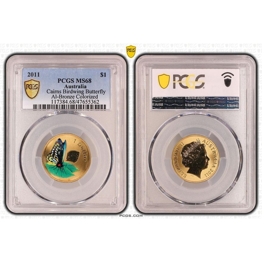 Cairns Birdwing Butterfly Al-Bronze Colorized, One Dollar, 2011 POP Report 9/0, PCGS MS 68