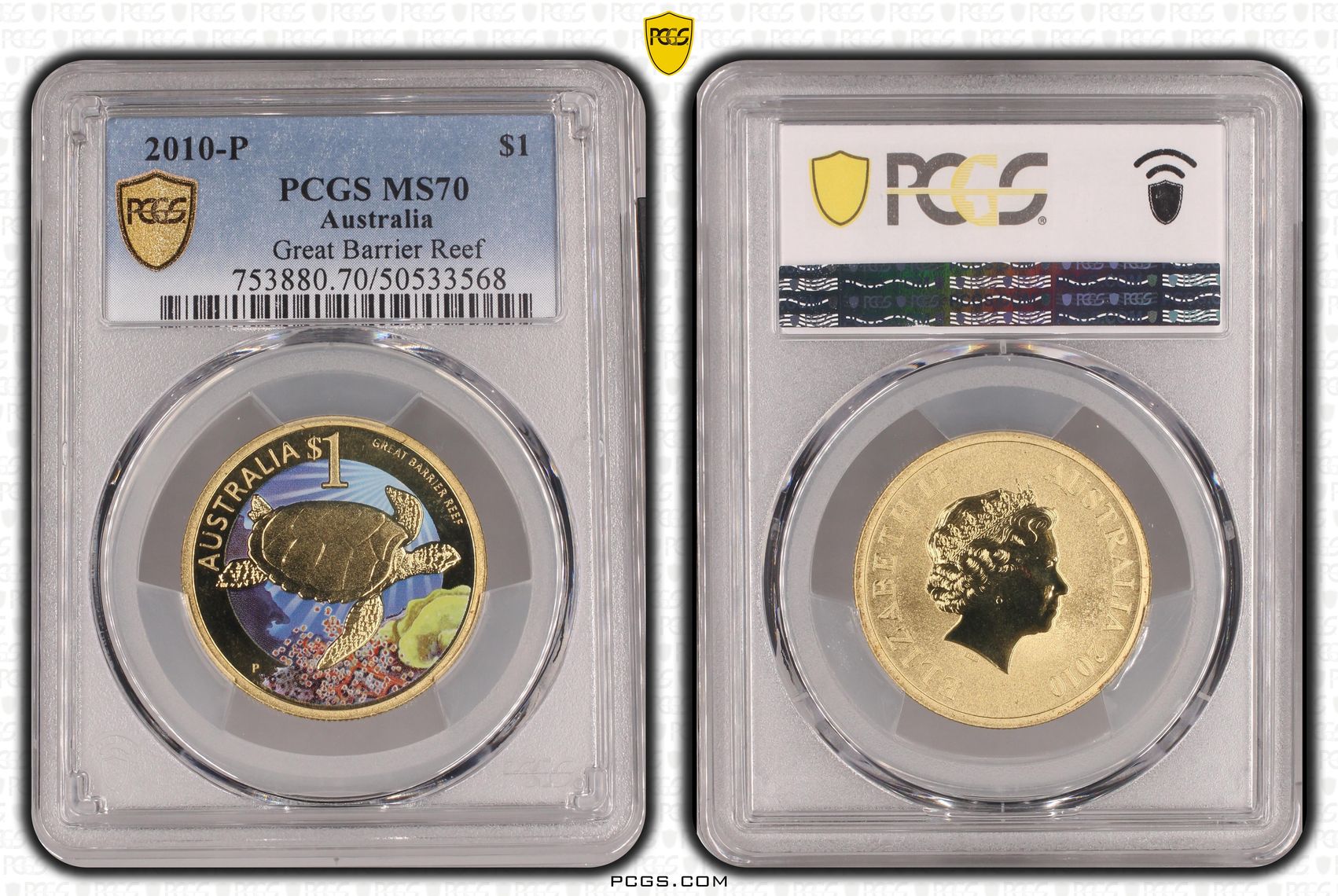 Great Barrier Reef Colorized POP 1/0, One Dollar, 2010-P, PCGS MS70