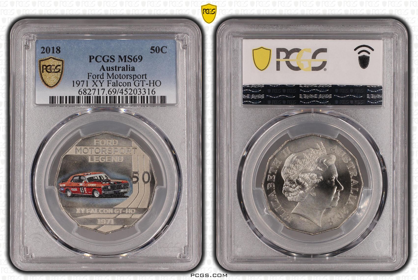 Elizabeth II, Ford XY Falcon, Fifty Cent, 2018, PCGS MS 69