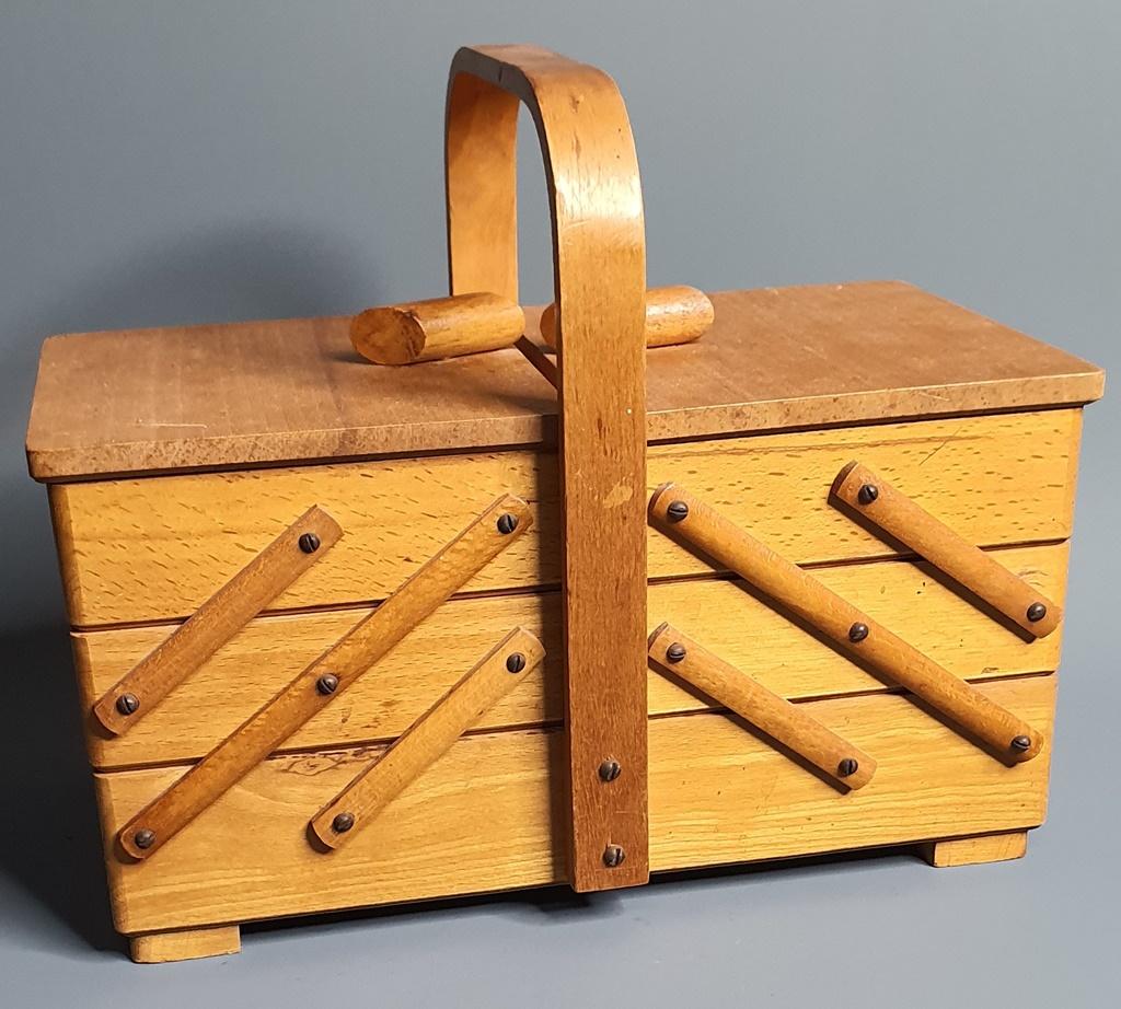 Vintage Wood Sewing Box Expandable Tier Fold Out Craft Basket