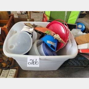 Plastic container of misc kitchen items, plastic containers