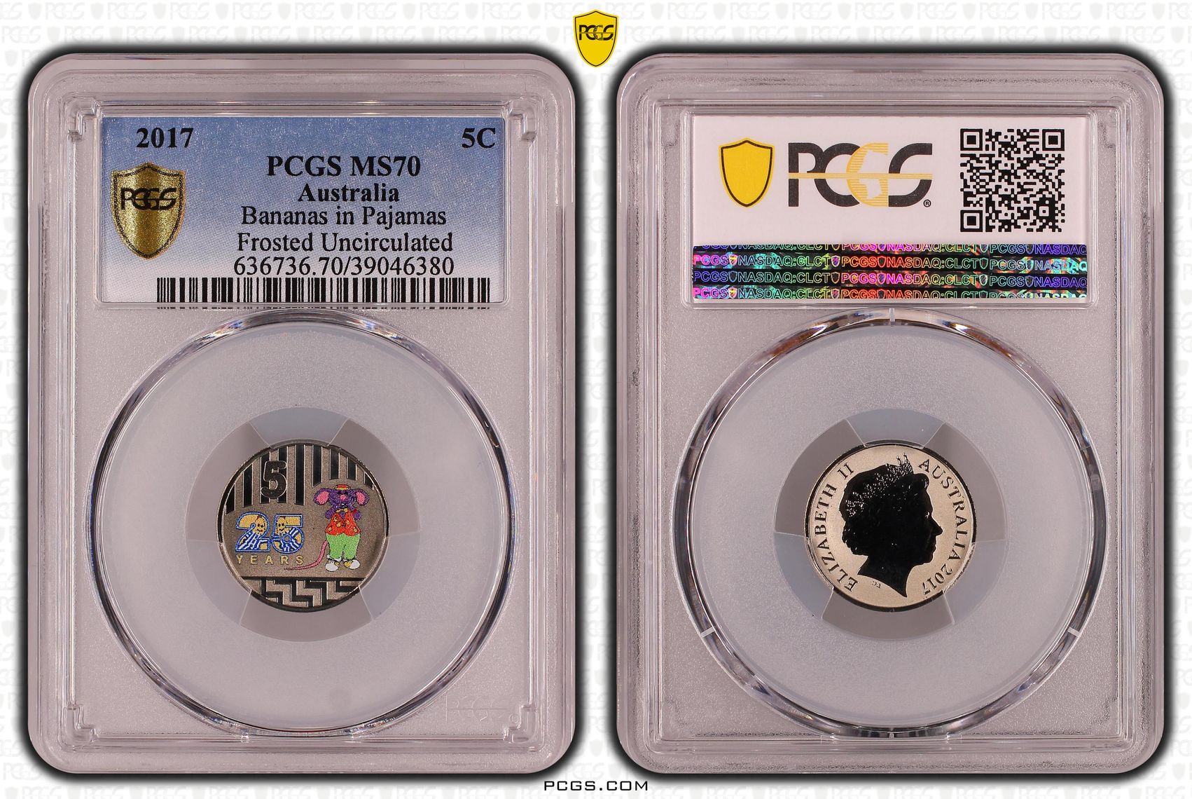 Bananas in Pyjamas Colorized Frosted Uncirculated, Five Cent, 2017, PCGS MS70