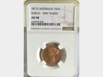 1871 Queen Victoria Young Head Shield 'W.W. Raised' Sydney Mint Gold Sovereign. NGC Graded AU58