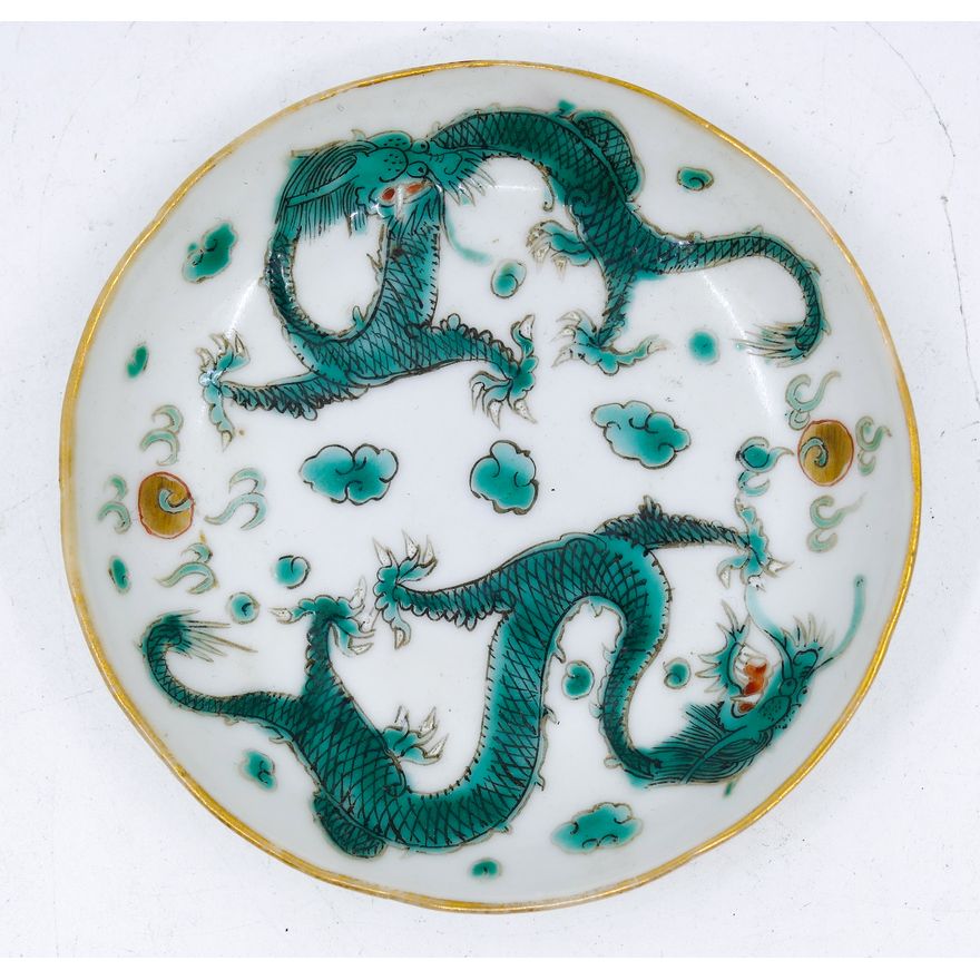 Chinese Tongzhi Green Porcelain Dragon Dish 4''