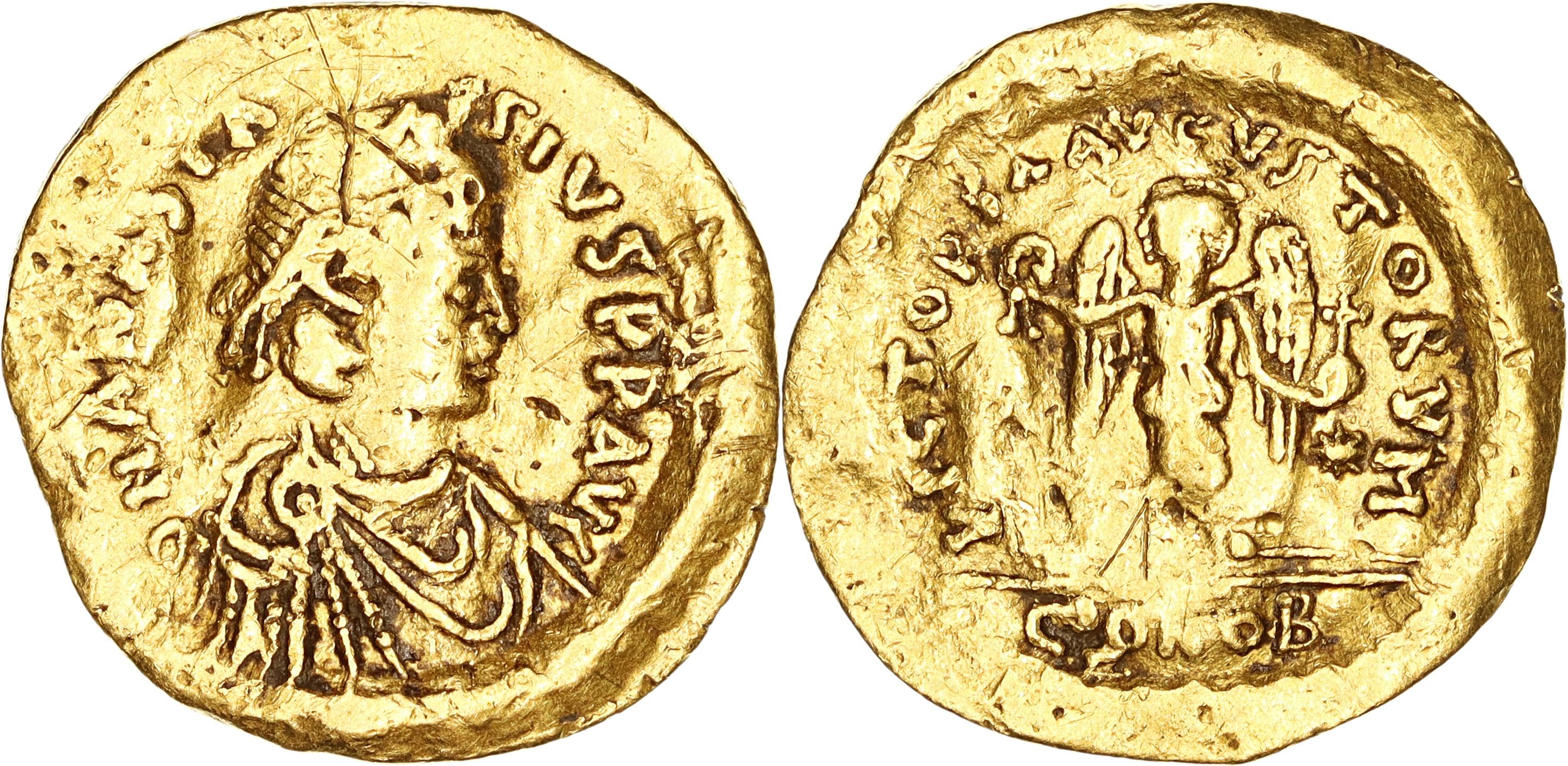 Byzantine Empire, Anastasius I, Gold Tremissis, 491-518 AD, F-nVF