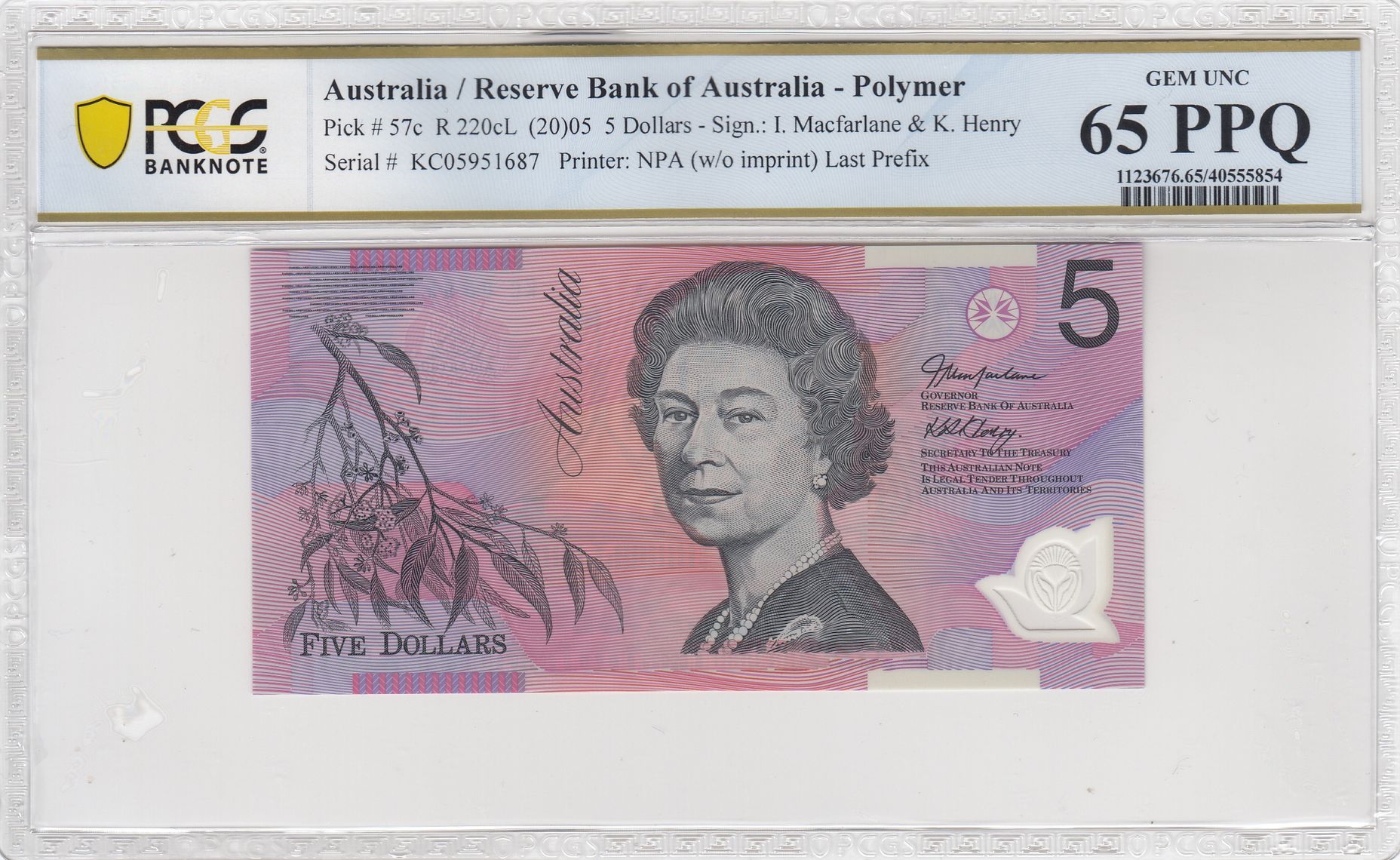 Macfarlane/Henry, Last Prefix, Five Dollar, 2005, PCGS Gem UNC 65 PPQ