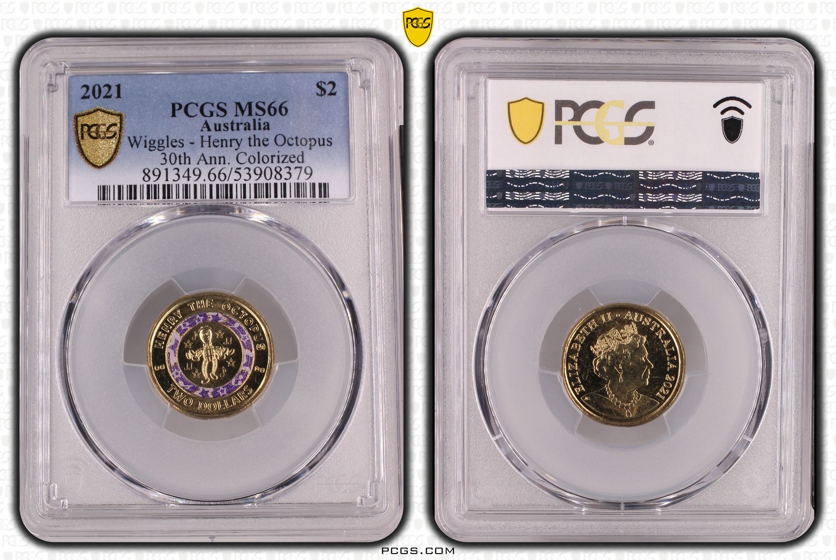 Wiggles - Henry the Octopus 30th Ann. Colourised, Two Dollar, 2021, PCGS MS66