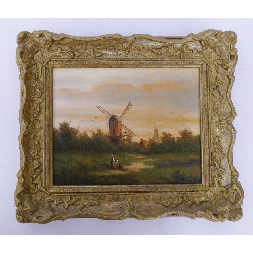 J.J. Bond Dutch Landscape Oil on Panel in Ornate Frame- 12x14''