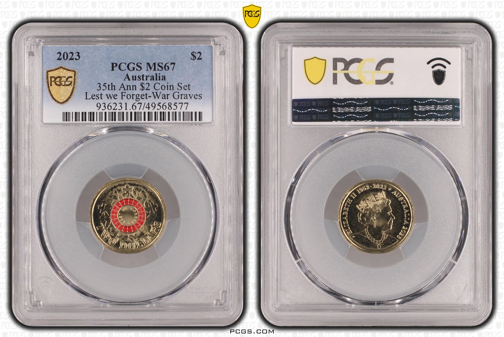 35th Ann $2 Coin Set Colourised Lest we Forget-War Graves, Two Dollar, 2023, PCGS MS67