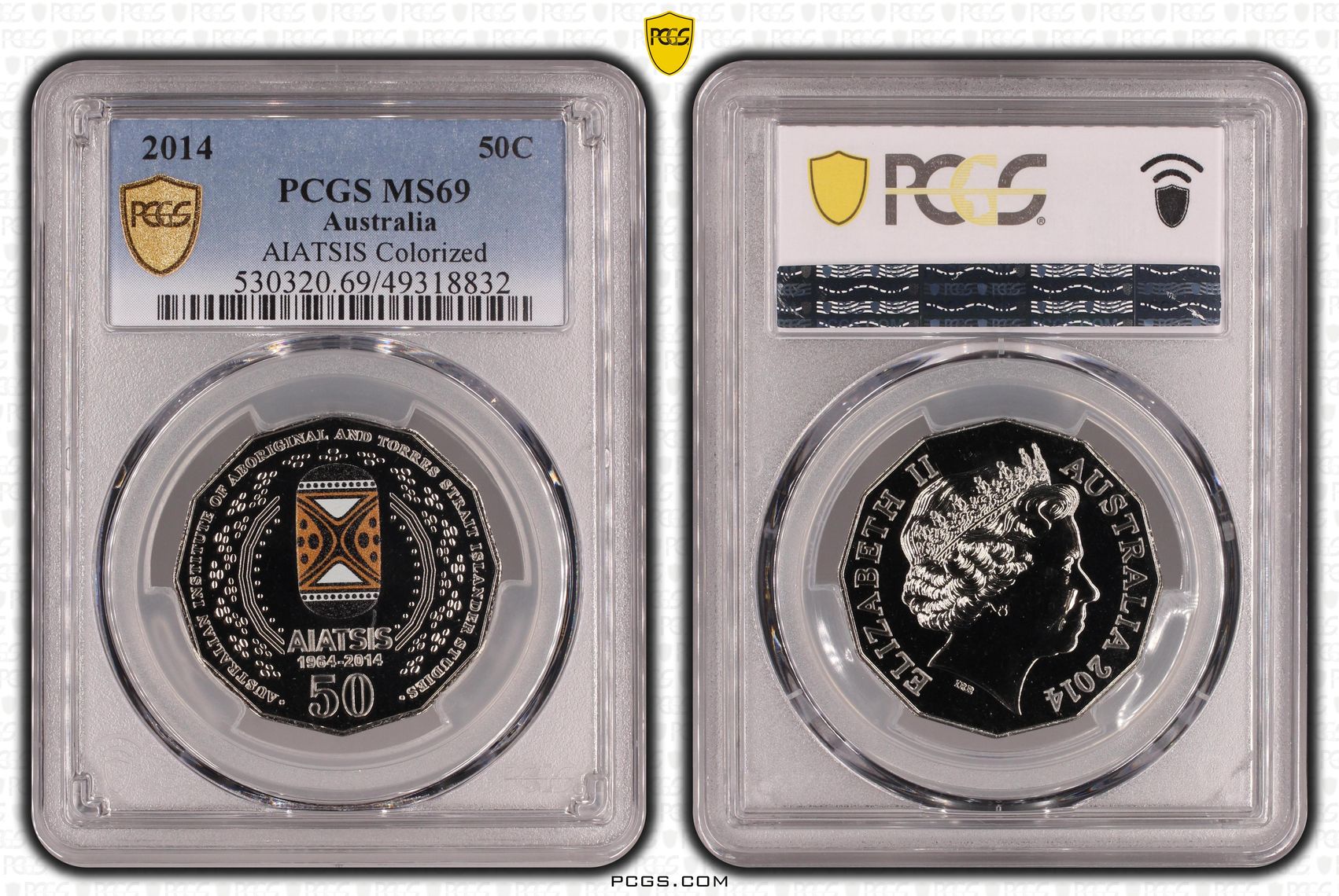 133 · AIATSIS Colourised, Fifty Cent, 2014, PCGS MS69