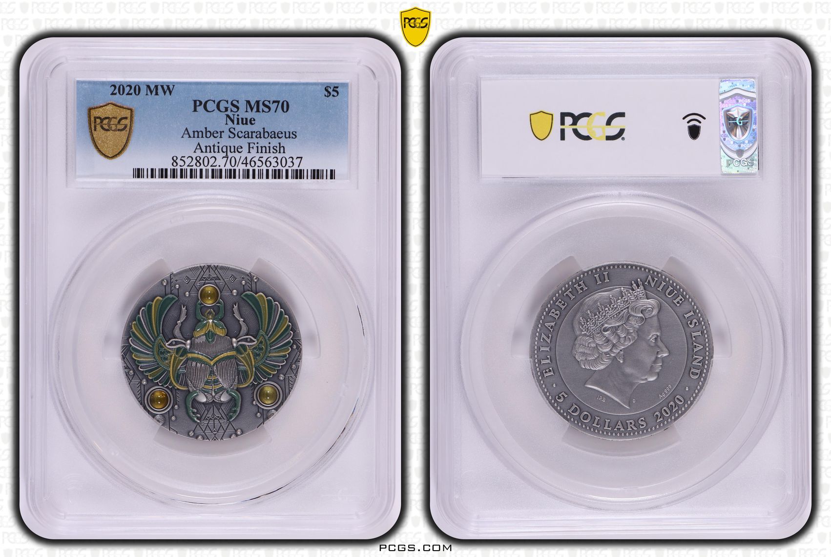 Niue, Amber Scarabaeus - Antique Finish, POP 2/0, Five Dollar, 2020, PCGS MS70