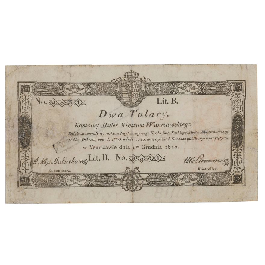 Bilet Kasowy Księstwa Warszawskiego - 2 talary, 1810 r.