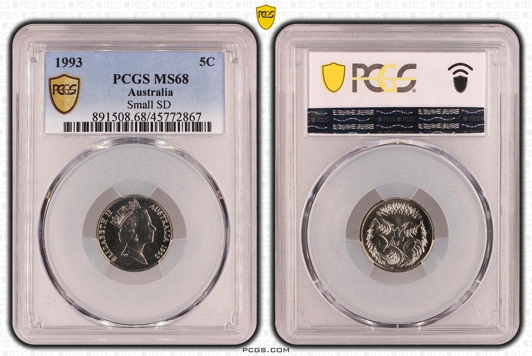 Elizabeth II, Small SD, Five Cent, 1993, PCGS MS68