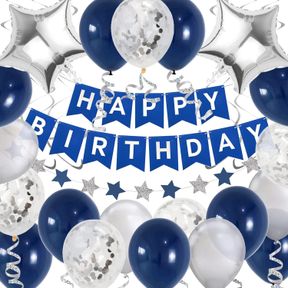 BLUE BIRTHDAY PARTY DECORATIONS, BIRTHDAY DECORATIONS FOR MEN WOMEN BOYS GRILS, HAPPY BIRTHDAY BANNER, BALLOONS FOR 16TH 20TH 25TH