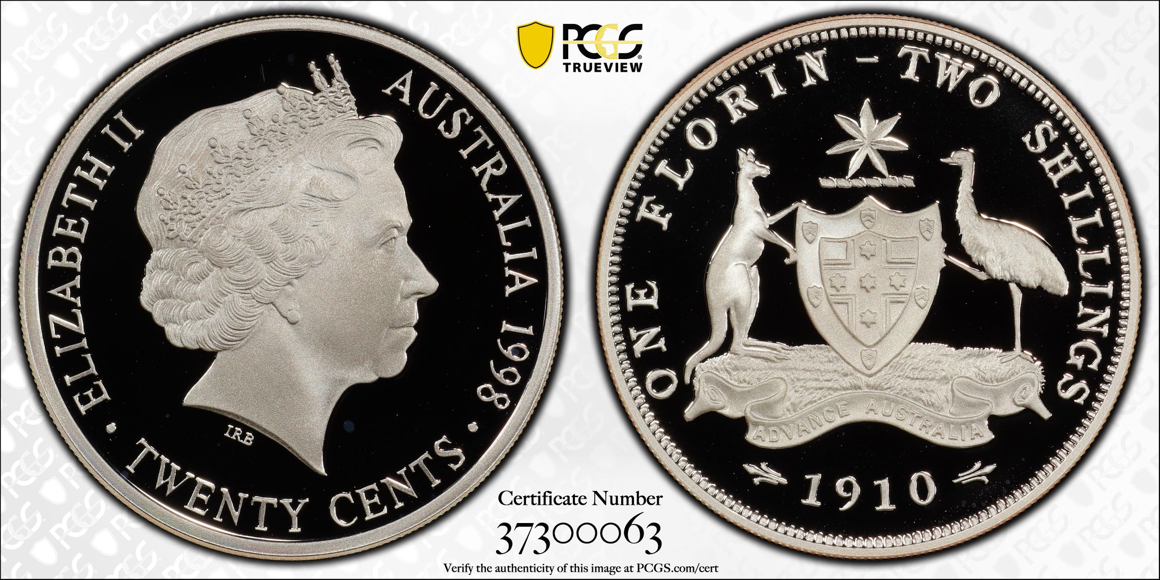 1998 Australia Twenty Cent, 20c Proof 1910 Florin Silver PCGS - PR69DCAM -063