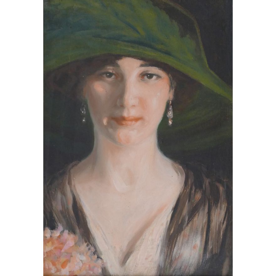 Art Deco Female Portrait Oil on Board 17''x12'' Image.